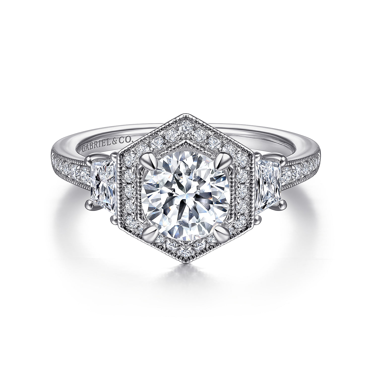 Gabriel - Art Deco 14K White Gold Hexagonal Halo Round Three Stone Diamond Engagement Ring