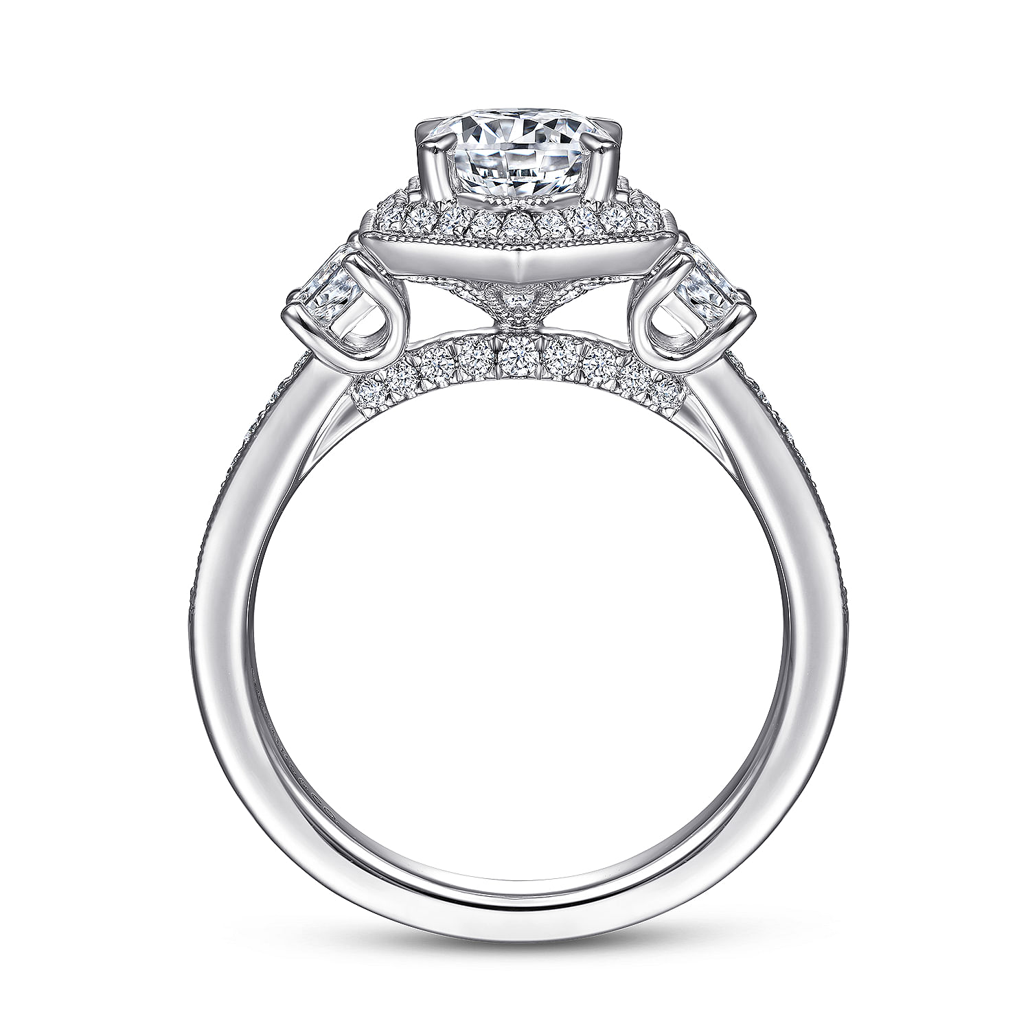 Art Deco 14K White Gold Hexagonal Halo Round Three Stone Diamond Engagement Ring