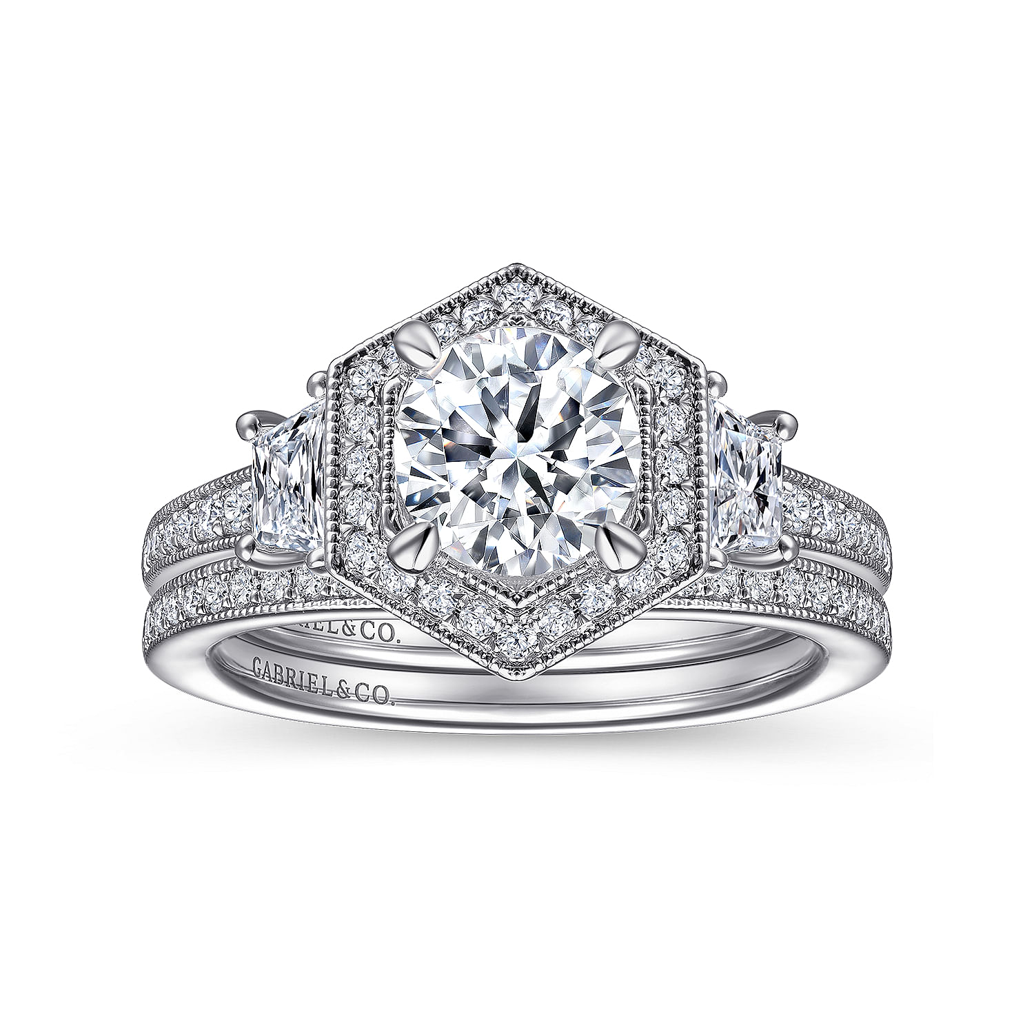 Art Deco 14K White Gold Hexagonal Halo Round Three Stone Diamond Engagement Ring