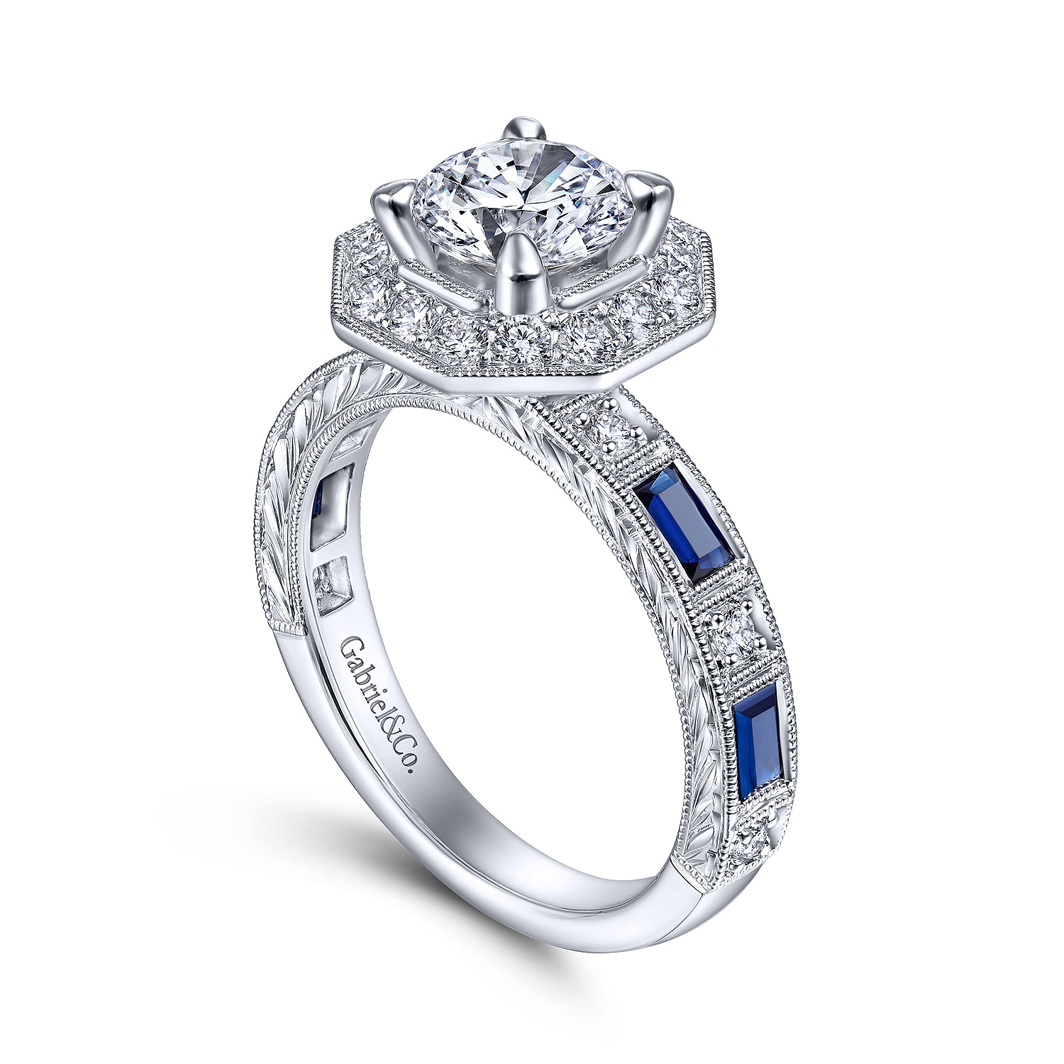 Art Deco 14K White Gold Octagonal Halo Round Sapphire and Diamond Engagement Ring