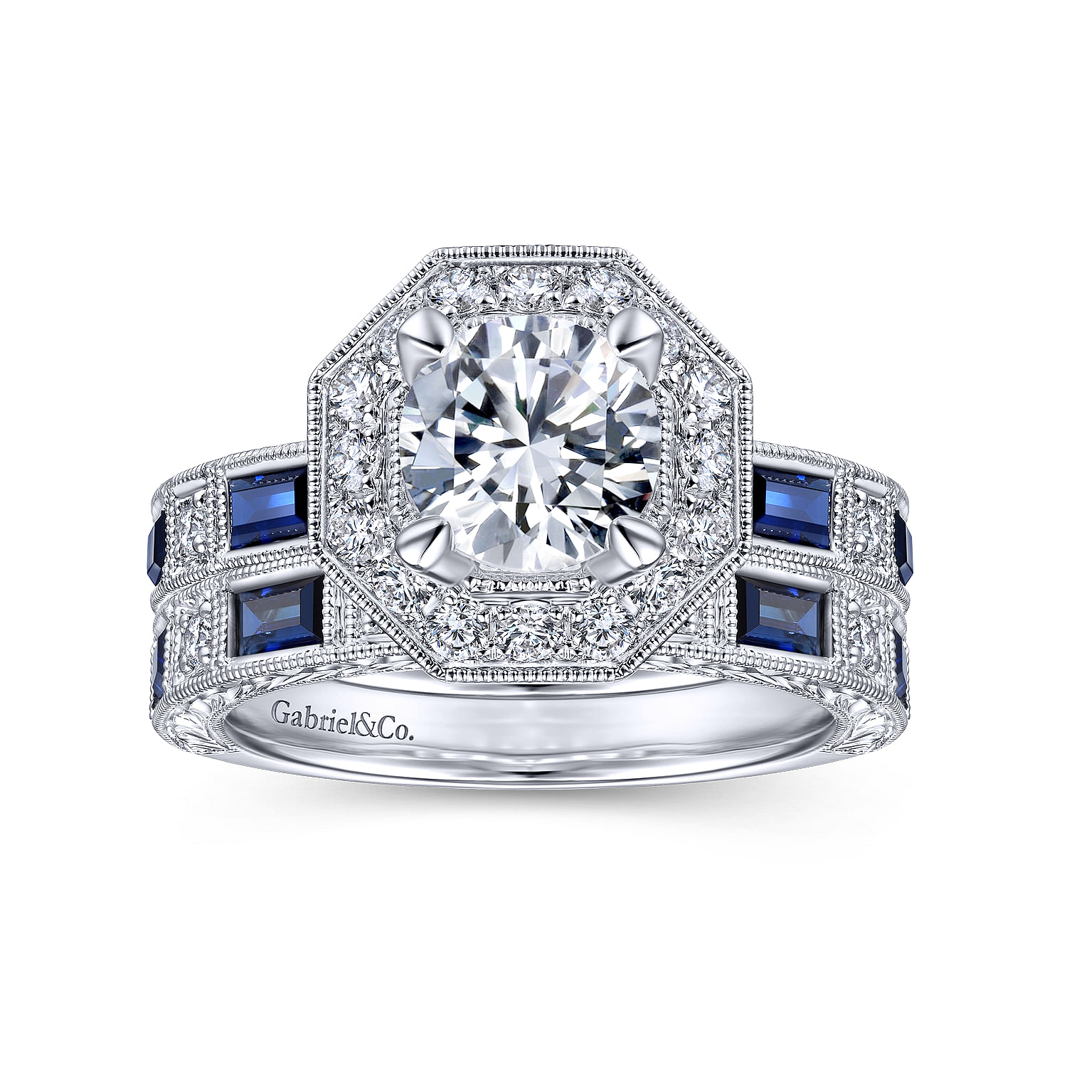 Art Deco 14K White Gold Octagonal Halo Round Sapphire and Diamond Engagement Ring