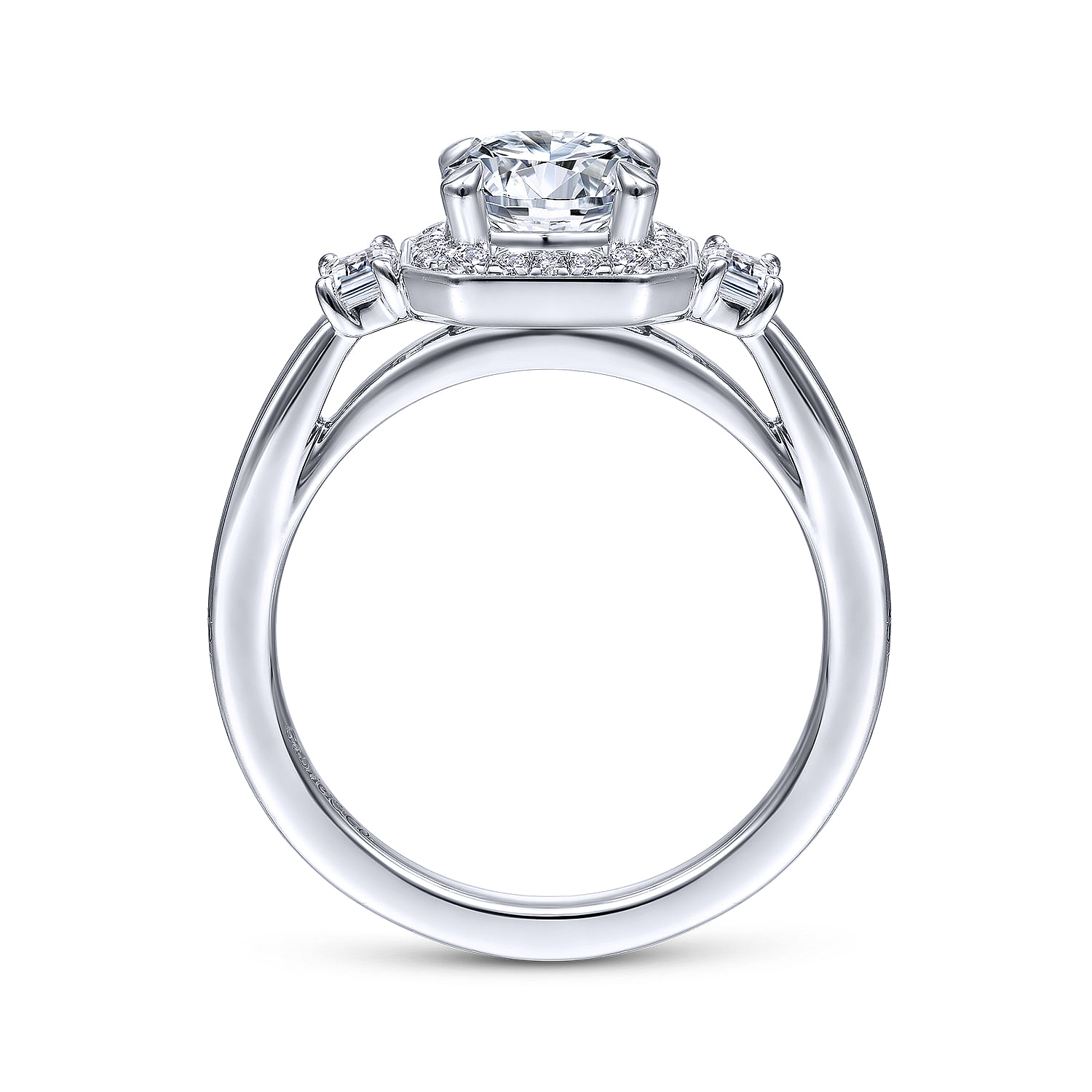 Art Deco 14K White Gold Octagonal Three Stone Halo Round Diamond Engagement Ring