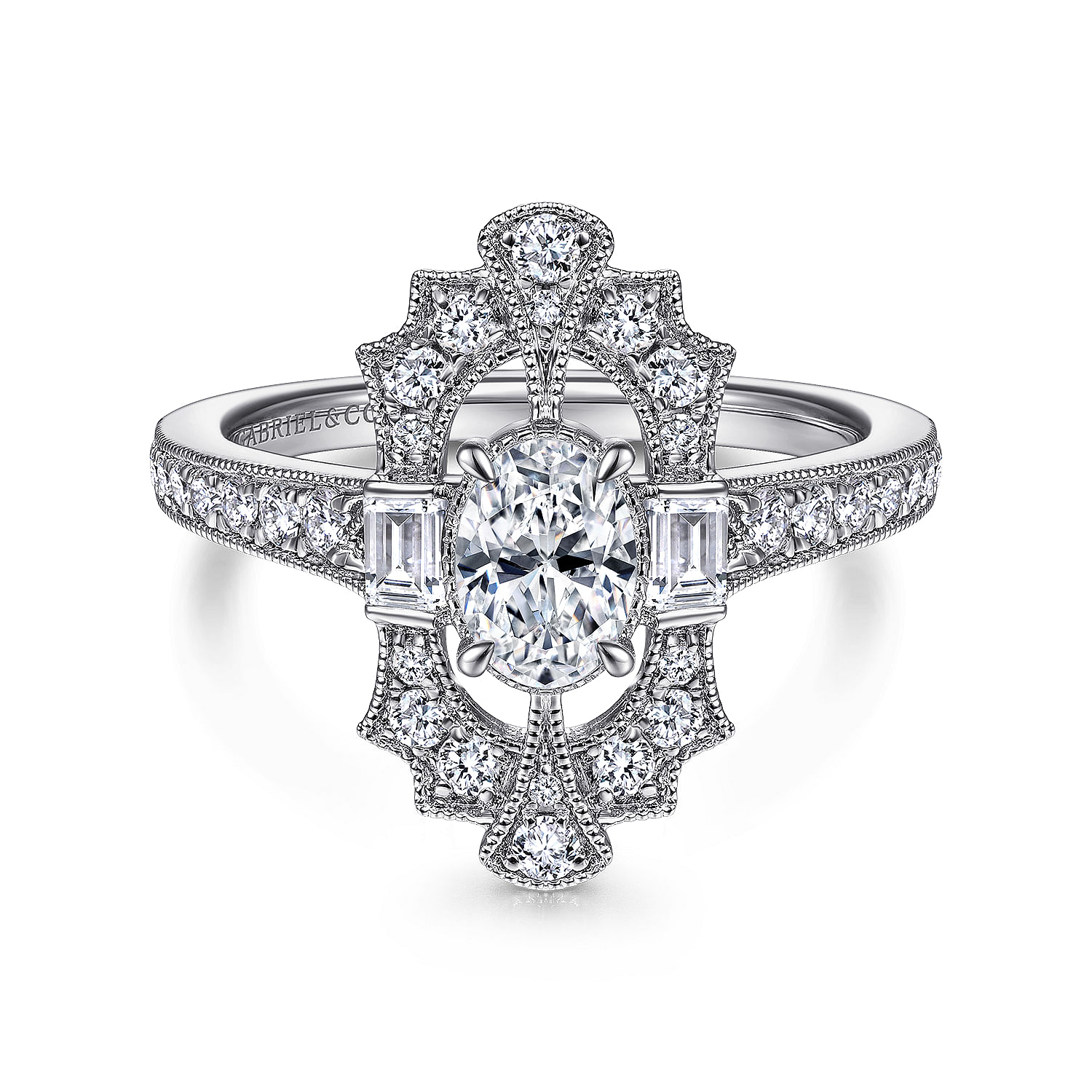 Gabriel - Art Deco 14K White Gold Oval Halo Diamond Channel Set Engagement Ring