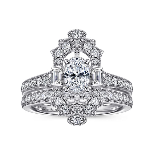 Art Deco 14K White Gold Oval Halo Diamond Channel Set Engagement Ring