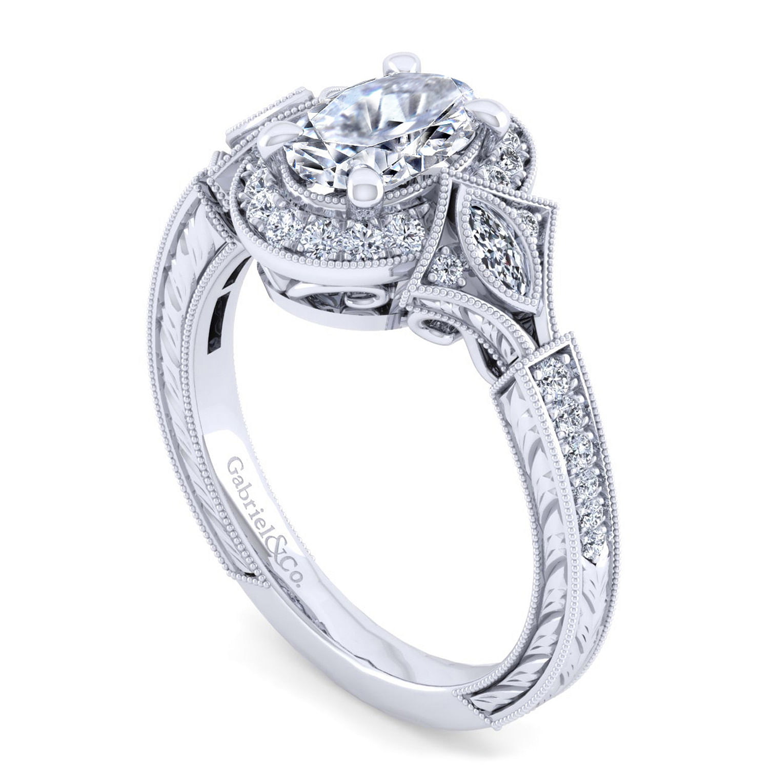 Art Deco 14K White Gold Oval Halo Diamond Engagement Ring