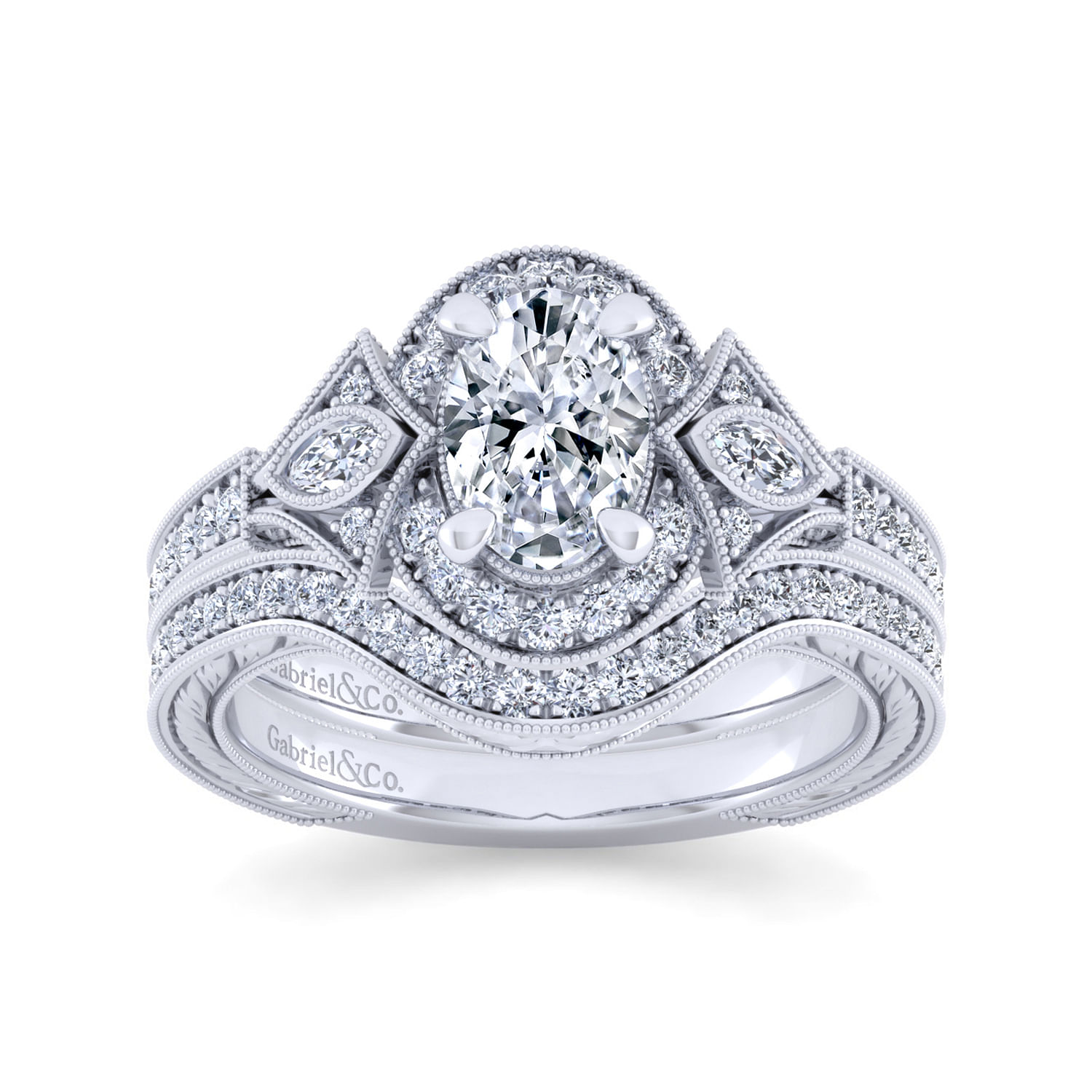 Art Deco 14K White Gold Oval Halo Diamond Engagement Ring