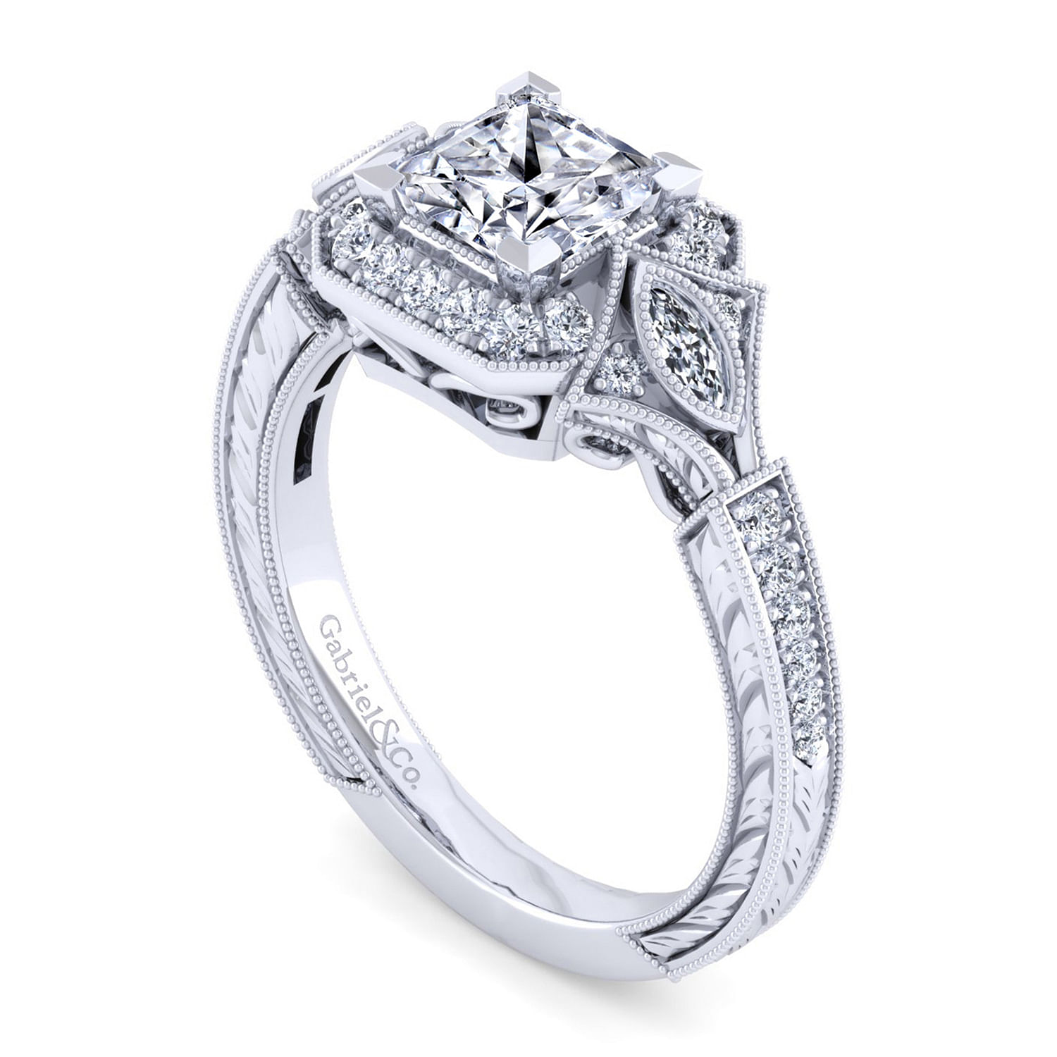 Art Deco 14K White Gold Princess Halo Diamond Engagement Ring