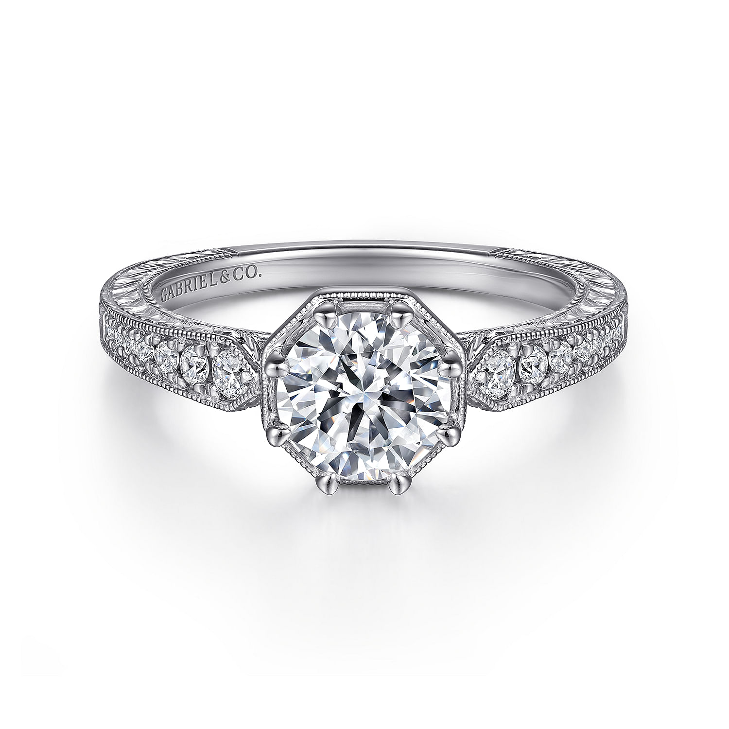 Gabriel - Art Deco 14K White Gold Round Diamond Engagement Ring
