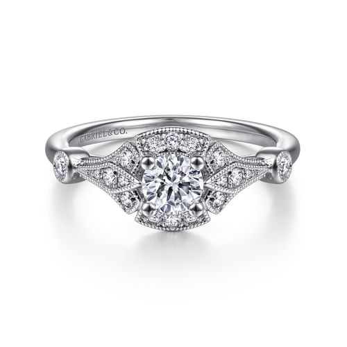 Art Deco 14K White Gold Round Halo Complete Diamond Engagement Ring