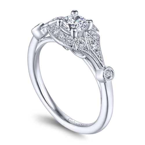 Art Deco 14K White Gold Round Halo Complete Diamond Engagement Ring
