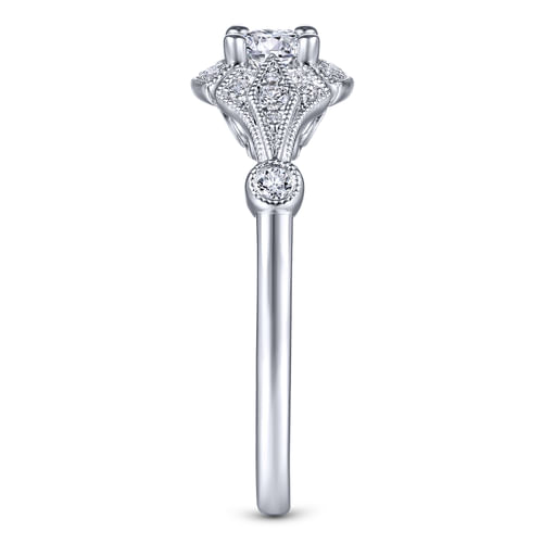 Art Deco 14K White Gold Round Halo Complete Diamond Engagement Ring