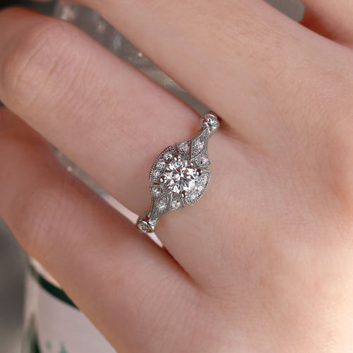 Art Deco 14K White Gold Round Halo Complete Diamond Engagement Ring