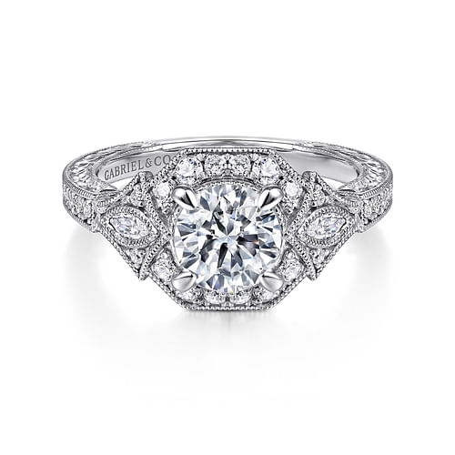 Art Deco 14K White Gold Round Halo Diamond Engagement Ring