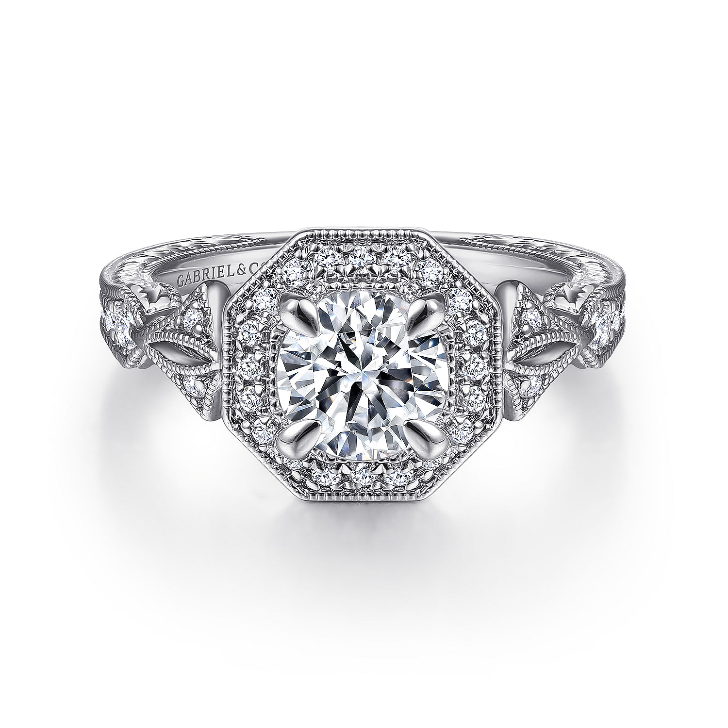 Gabriel - Art Deco 14K White Gold Round Halo Diamond Engagement Ring