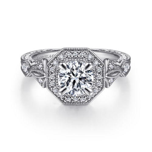 Art Deco 14K White Gold Round Halo Diamond Engagement Ring