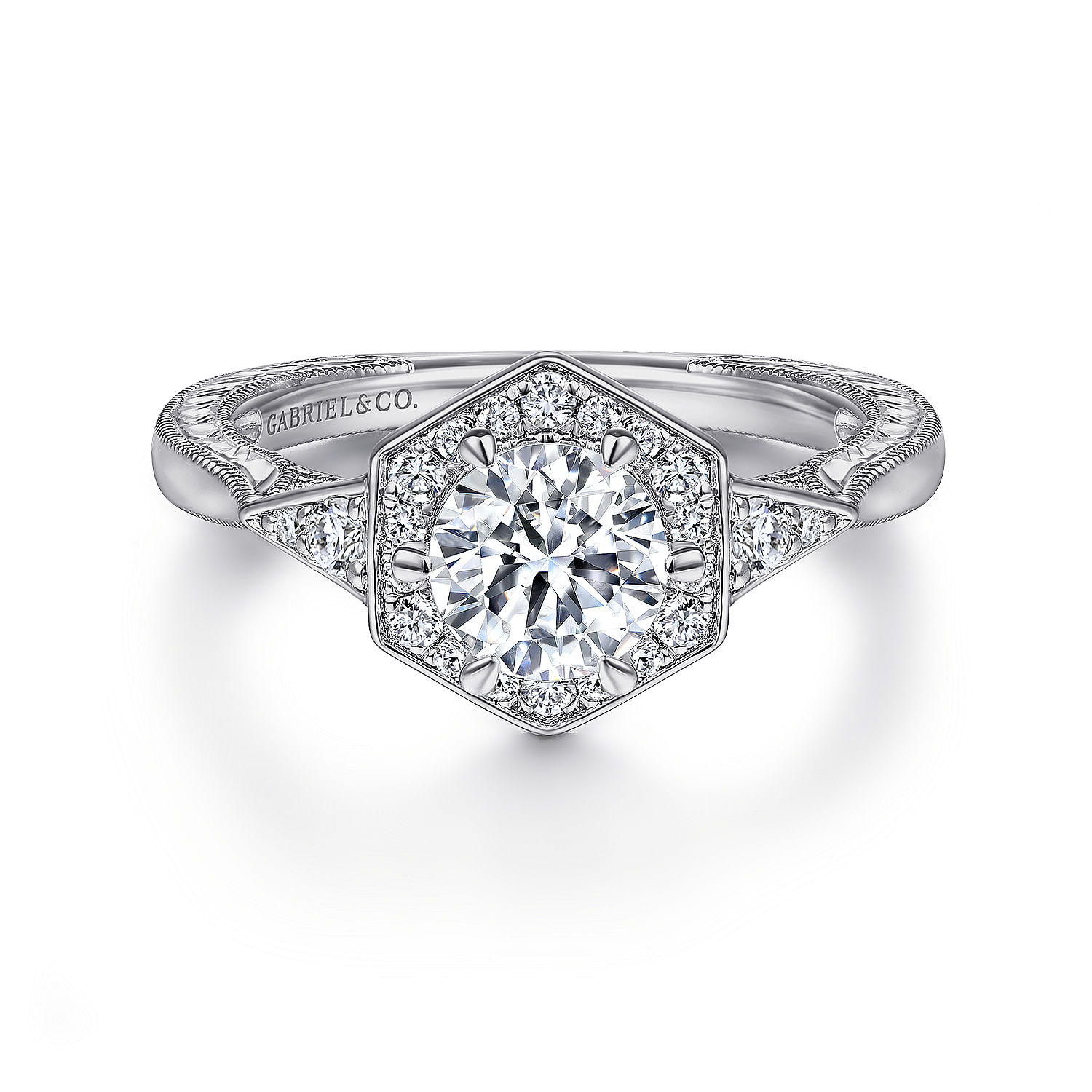 Gabriel - Art Deco 14K White Gold Round Halo Diamond Engagement Ring