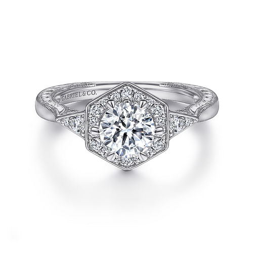 Art Deco 14K White Gold Round Halo Diamond Engagement Ring