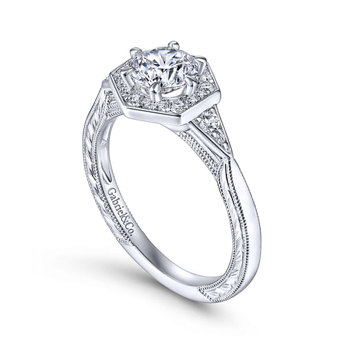 Art Deco 14K White Gold Round Halo Diamond Engagement Ring