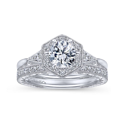 Art Deco 14K White Gold Round Halo Diamond Engagement Ring