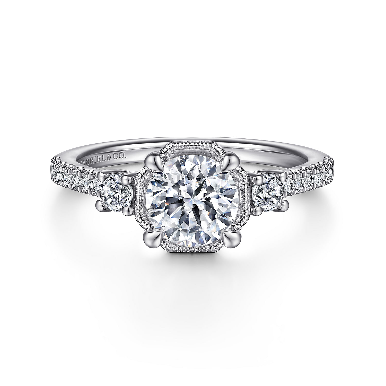 Gabriel - Art Deco 14K White Gold Round Three Stone Diamond Engagement Ring