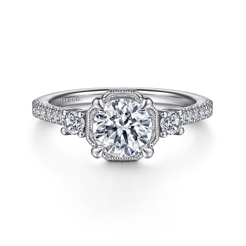 Art Deco 14K White Gold Round Three Stone Diamond Engagement Ring