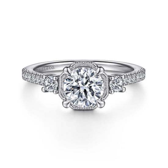 Gabriel - Art Deco 14K White Gold Round Three Stone Diamond Engagement Ring