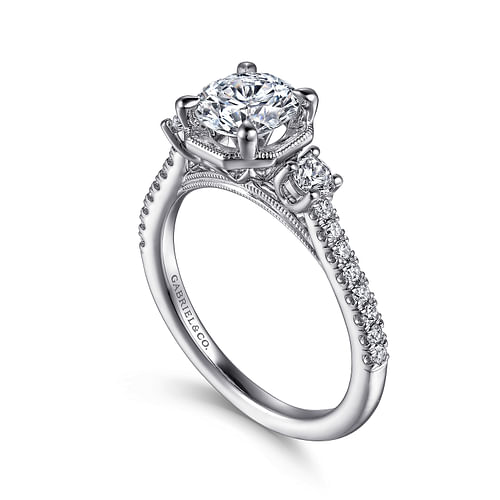 Art Deco 14K White Gold Round Three Stone Diamond Engagement Ring