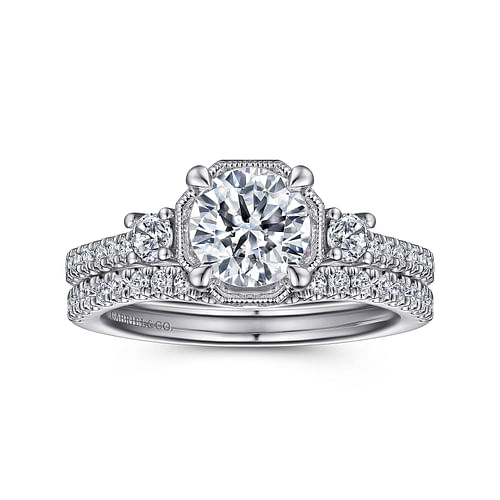 Art Deco 14K White Gold Round Three Stone Diamond Engagement Ring