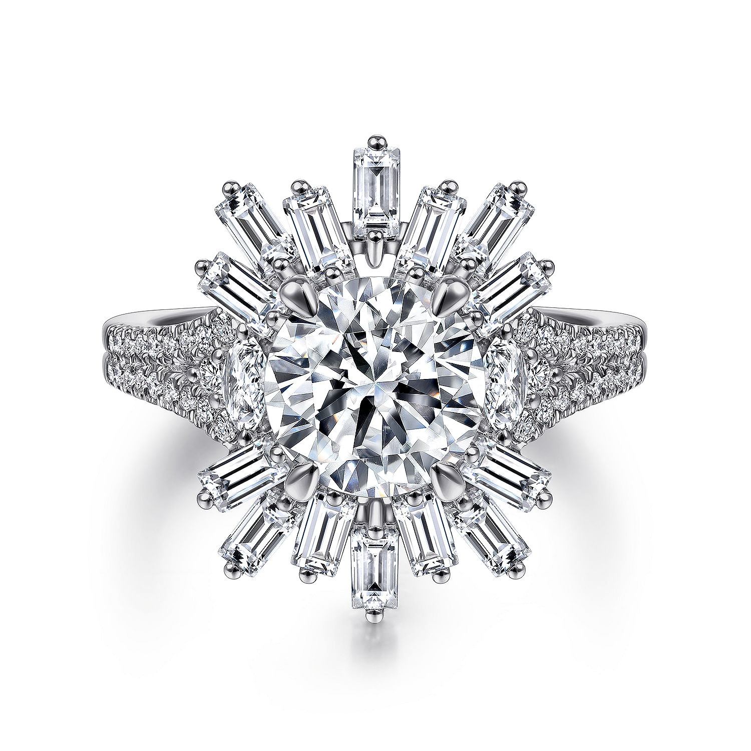Gabriel - Art Deco 14K White Gold Starburst Halo Round Diamond Engagement Ring