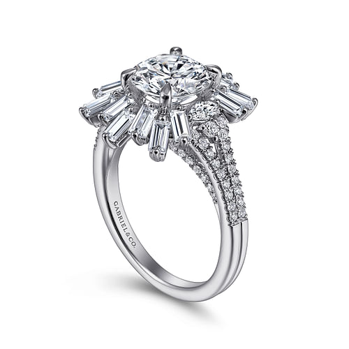 Art Deco 14K White Gold Starburst Halo Round Diamond Engagement Ring