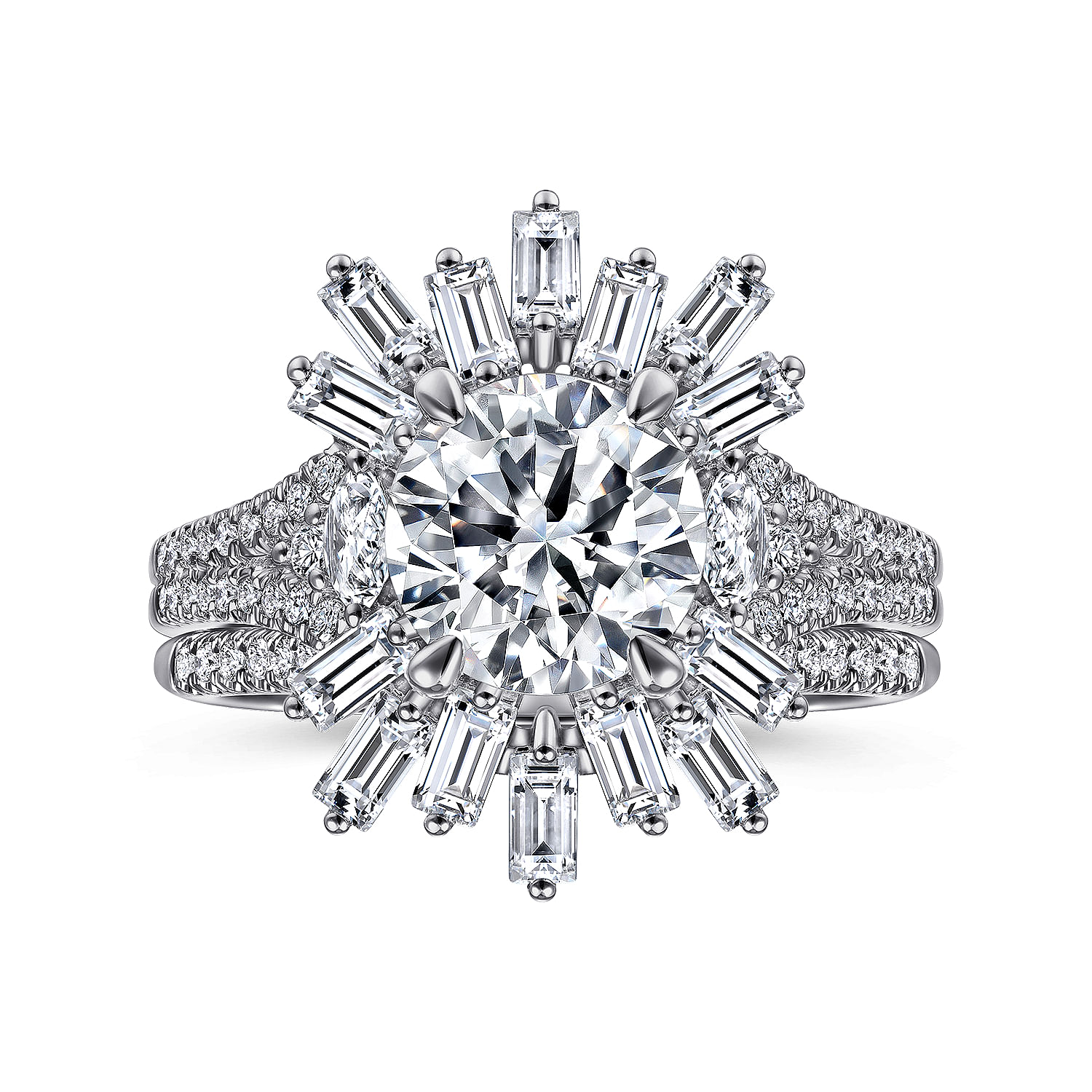 Art Deco 14K White Gold Starburst Halo Round Diamond Engagement Ring