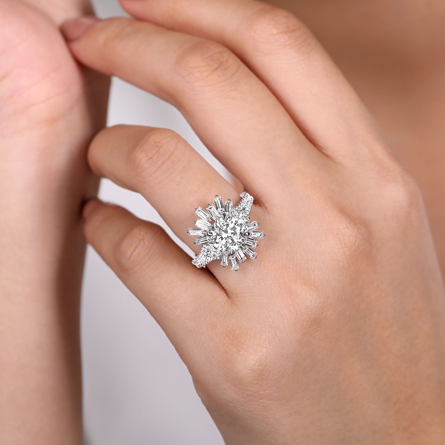 Art Deco 14K White Gold Starburst Halo Round Diamond Engagement Ring