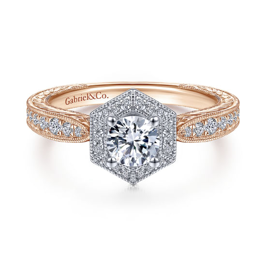 Gabriel - Art Deco 14K White-Rose Gold Hexagonal Halo Round Complete Diamond Engagement Ring