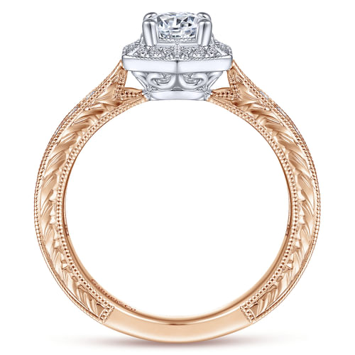 Art Deco 14K White-Rose Gold Hexagonal Halo Round Complete Diamond Engagement Ring