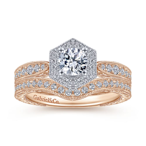 Art Deco 14K White-Rose Gold Hexagonal Halo Round Complete Diamond Engagement Ring