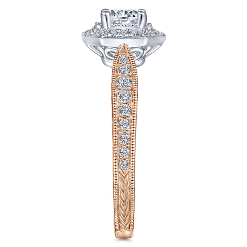 Art Deco 14K White-Rose Gold Hexagonal Halo Round Complete Diamond Engagement Ring