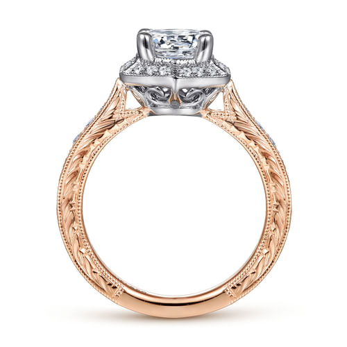 Art Deco 14K White-Rose Gold Hexagonal Halo Round Diamond Engagement Ring
