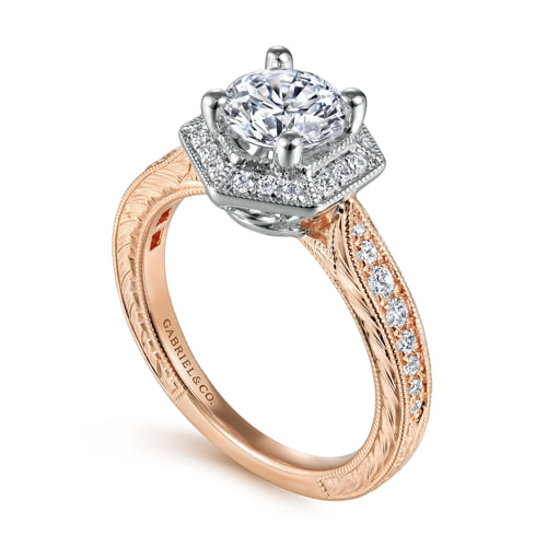 Art Deco 14K White-Rose Gold Hexagonal Halo Round Diamond Engagement Ring