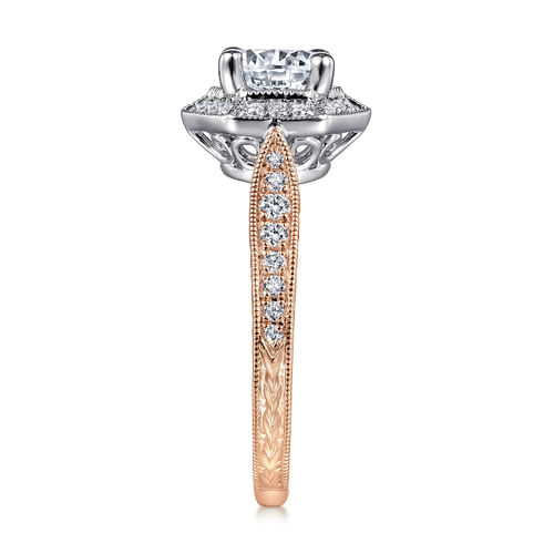 Art Deco 14K White-Rose Gold Hexagonal Halo Round Diamond Engagement Ring