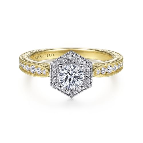 Art Deco 14K White-Yellow Gold Hexagonal Halo Round Complete Diamond Engagement Ring