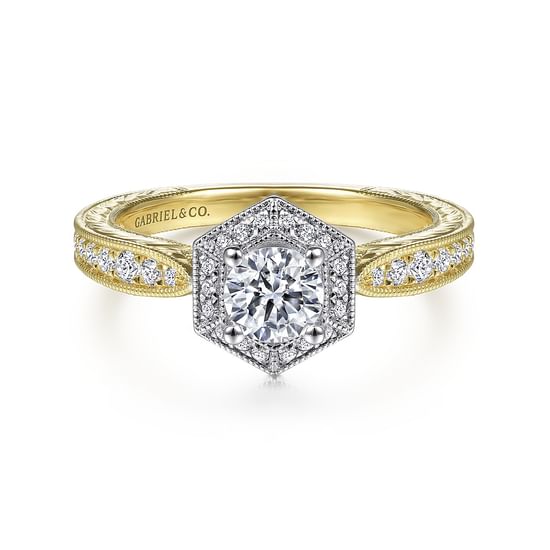 Gabriel - Art Deco 14K White-Yellow Gold Hexagonal Halo Round Complete Diamond Engagement Ring