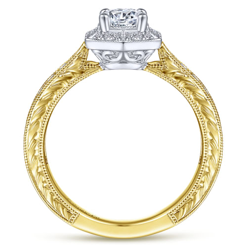 Art Deco 14K White-Yellow Gold Hexagonal Halo Round Complete Diamond Engagement Ring