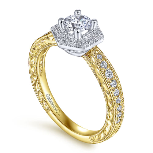 Art Deco 14K White-Yellow Gold Hexagonal Halo Round Complete Diamond Engagement Ring