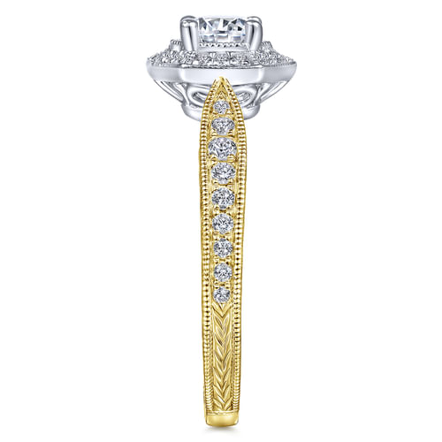 Art Deco 14K White-Yellow Gold Hexagonal Halo Round Complete Diamond Engagement Ring