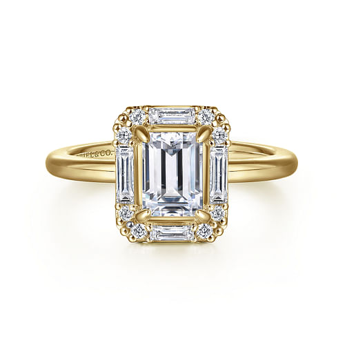 Art Deco 14K Yellow Gold Halo Emerald Cut Diamond Engagement Ring