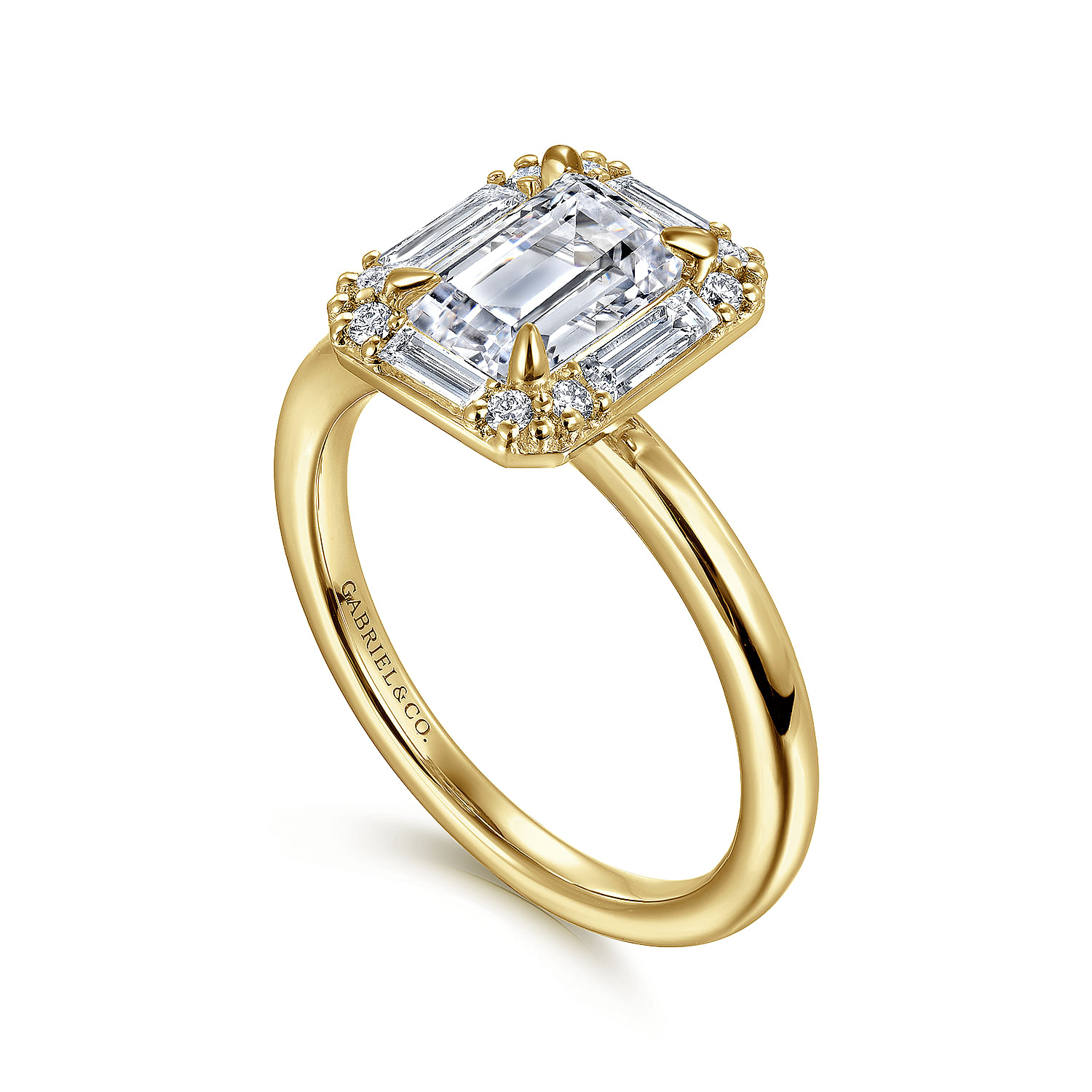 Art Deco 14K Yellow Gold Halo Emerald Cut Diamond Engagement Ring