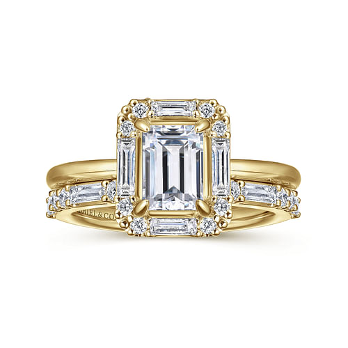 Art Deco 14K Yellow Gold Halo Emerald Cut Diamond Engagement Ring
