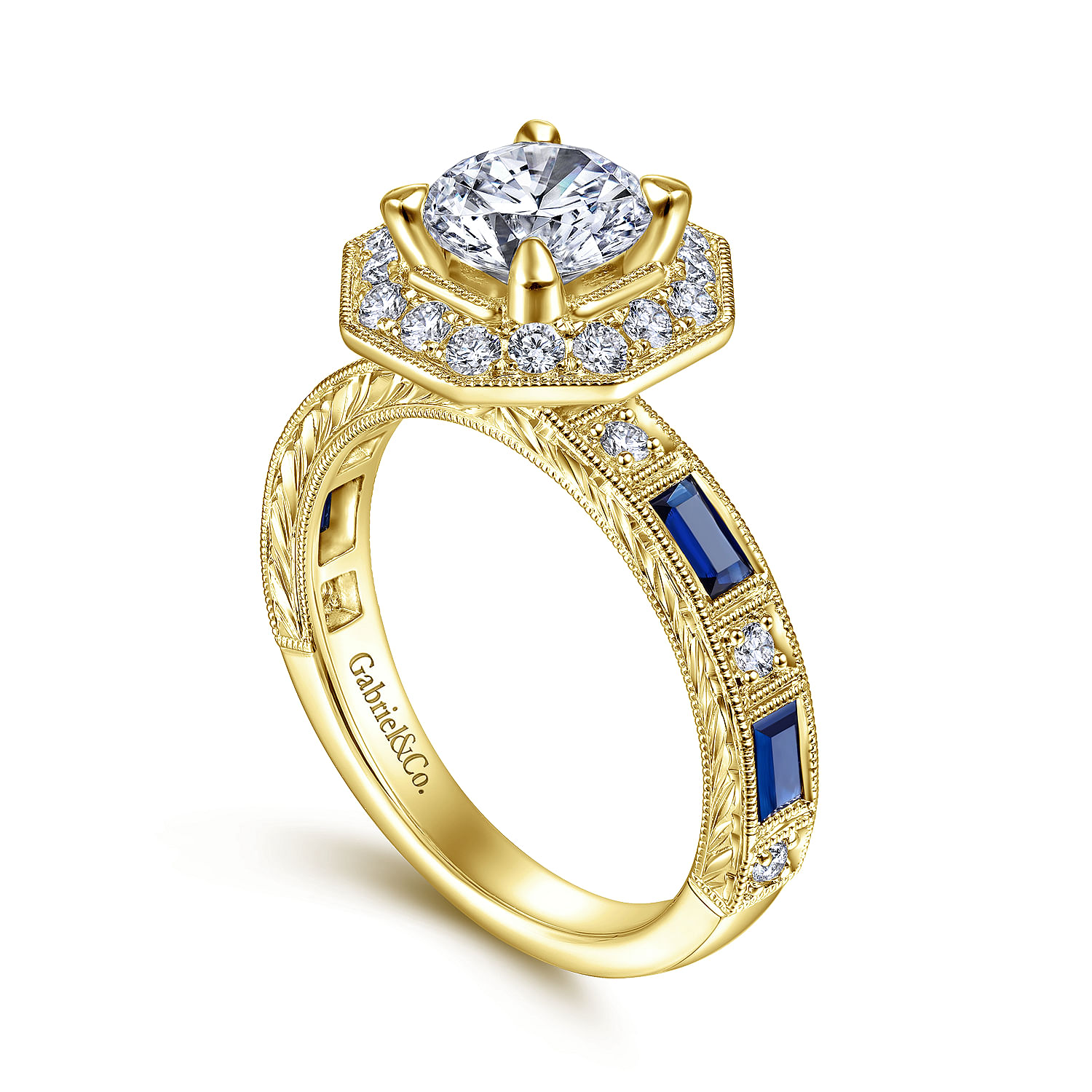 Art Deco 14K Yellow Gold Octagonal Halo Round Sapphire and Diamond Engagement Ring