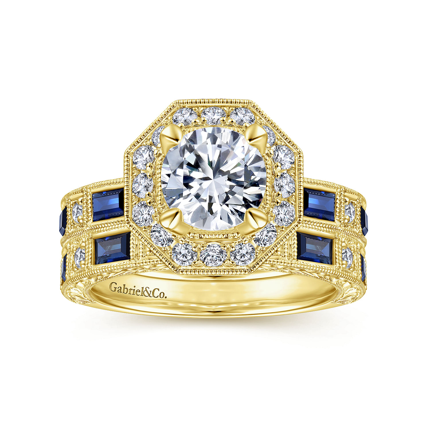 Art Deco 14K Yellow Gold Octagonal Halo Round Sapphire and Diamond Engagement Ring