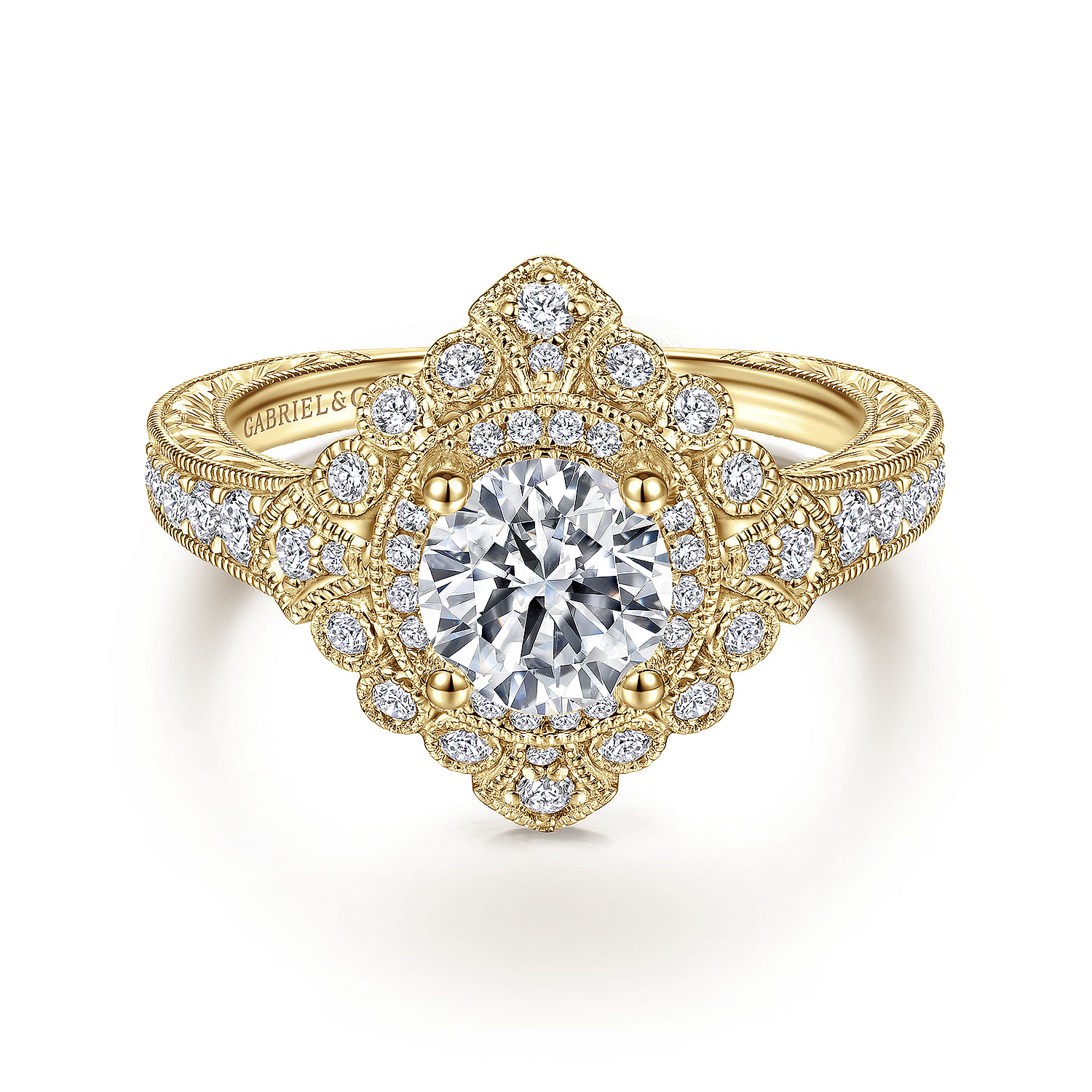 Gabriel - Art Deco 14K Yellow Gold Round Double Halo Diamond Engagement Ring